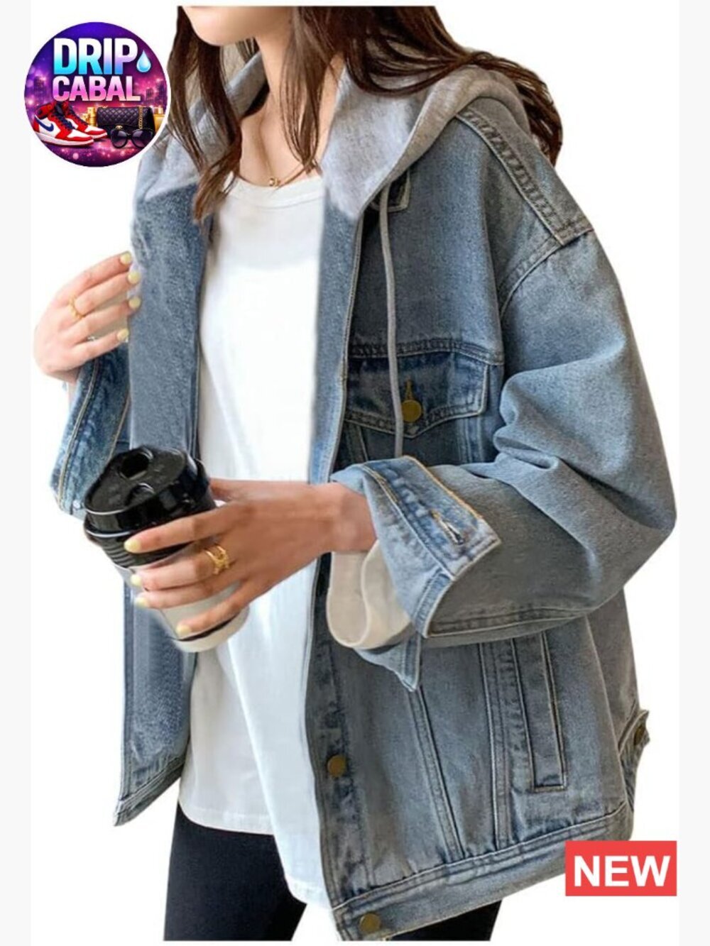 Women's Oversized Distressed Denim Jacket with Hood Long Sleeve